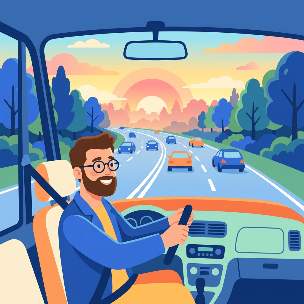Illustration d’un conducteur barbu au lever du soleil