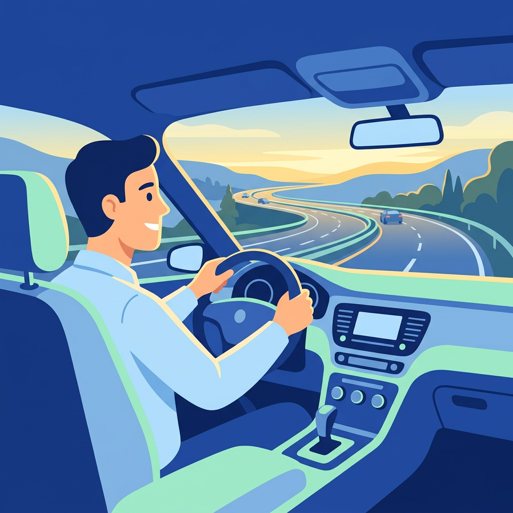 Illustration d’un conducteur souriant sur une route sinueuse au crépuscule