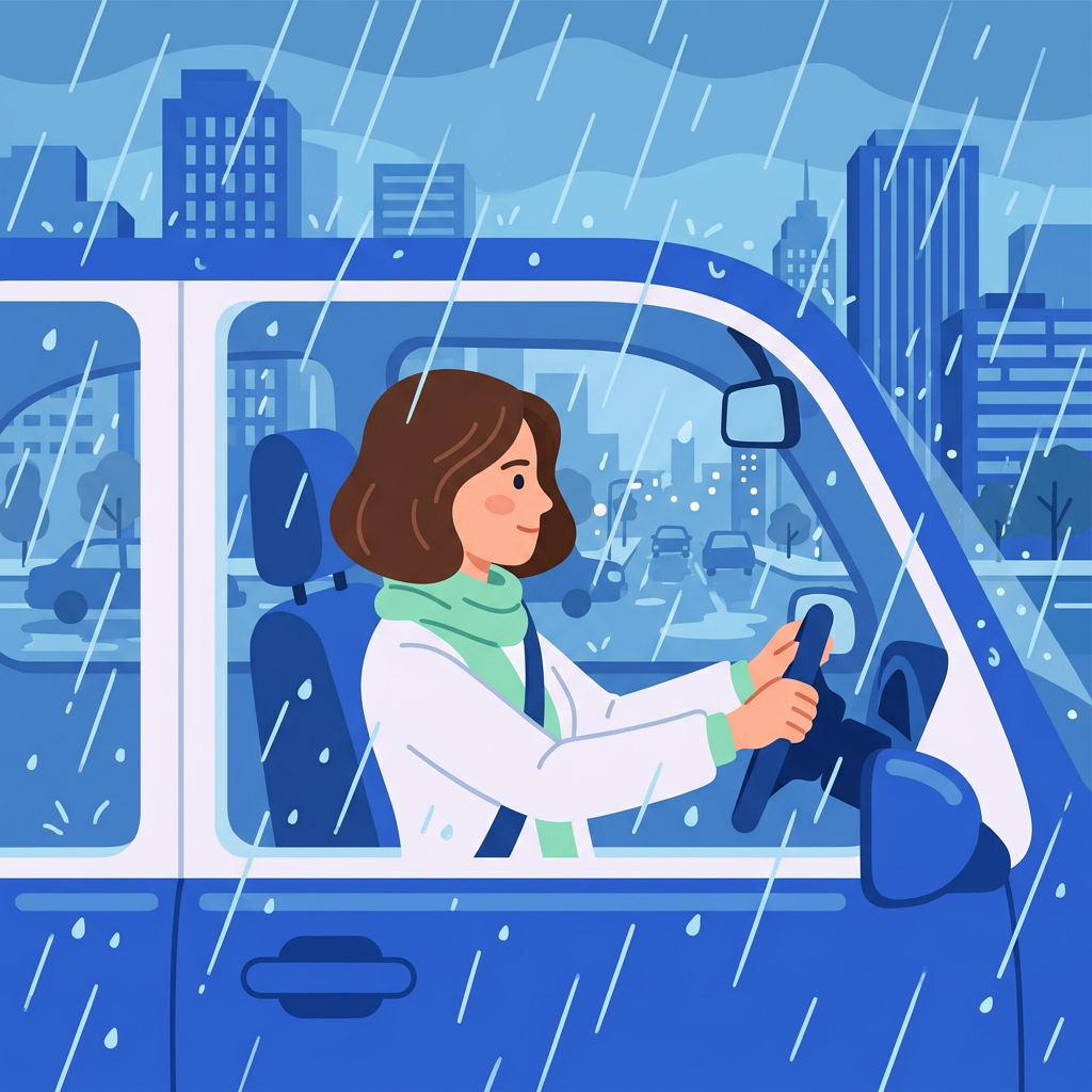 Illustration d’un conducteur sous la pluie en ville