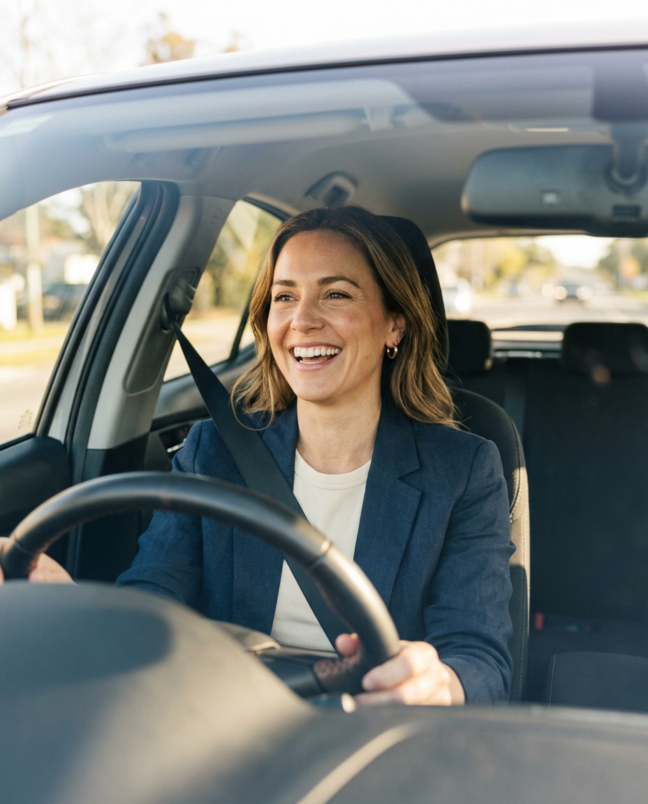 Image générée : une femme en blazer marine souriante au volant