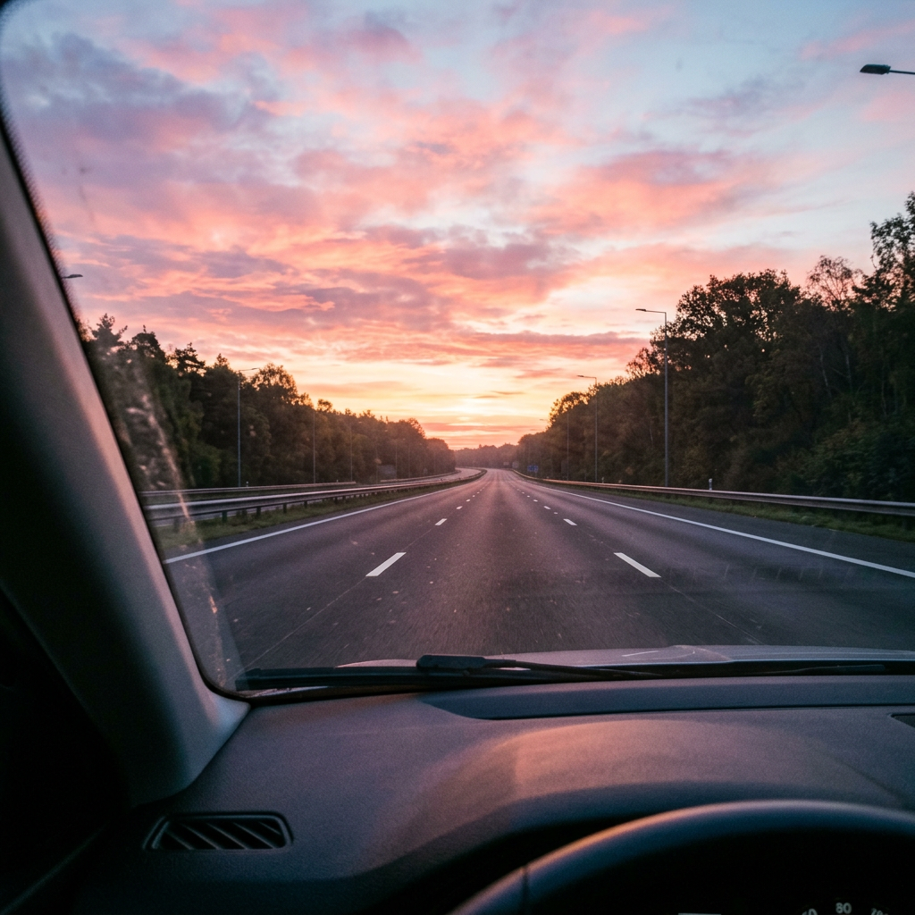 Image générée : route vide à l’aube vue par le pare-brise